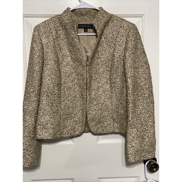 LAFAYETTE 148 GOLD BEIGE BOUCLE Tweed Textured JACKET Size 12 Petite Snap - Picture 2 of 10